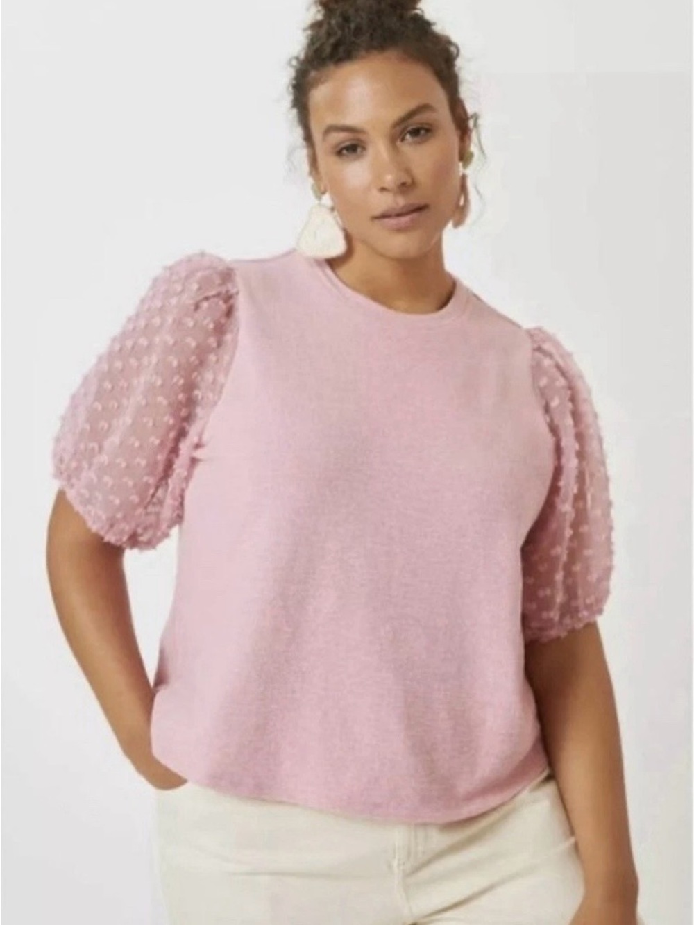 Maeve Anthropologie Blush Pink Puff-Sleeve Knit Top Size Medium